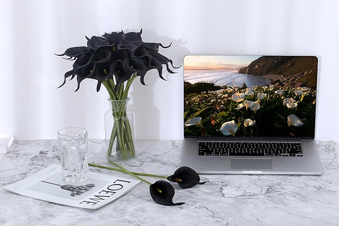 SITUMEIZI 24 PCS Black Fake Flowers Artificial Calla Lily Silk Flowers Real Touch for Mother's Day Easter Home Kitchen Decor Wedding Bouquet Office Spring Decoration