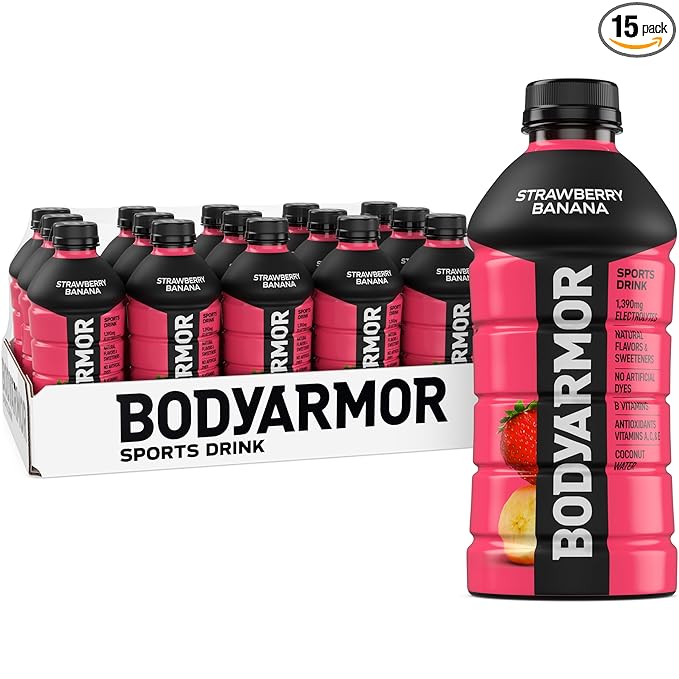 BODYARMOR Sports Drink Sports Beverage, Strawberry Banana, Coconut Water Hydration, Natural Flavors With Vitamins, Potassium-Packed Electrolytes, Perfect For Athletes, 28 Fl Oz (Pack of 15)