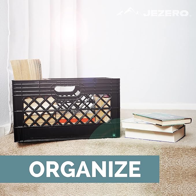 JEZERO 24 Quart 4-Pack Heavy Duty Plastic Crate | Stackable Multi-Purpose Storage Bin for Garage, Home, Office, Groceries, Outdoor, Camping & Kayaking | Black Utility Tote, 19" x 13" x 11"