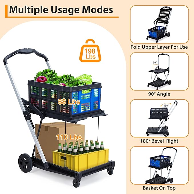 Collapsible Shopping Cart with Wheels, 2-Tier Portable Utility Cart with Removable Storage Crate for Home Groceries Supermarket