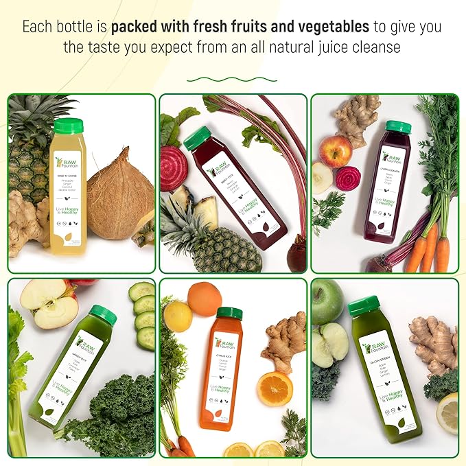 5 Day Juice Cleanse by Raw Fountain, All Natural Raw Detox Cleanse, Juicing for Body Rest, Cold Pressed Juice Fast, Great Way to Jumpstart a Healthy Diet, 30 Bottles 12oz, 5 Ginger Shots