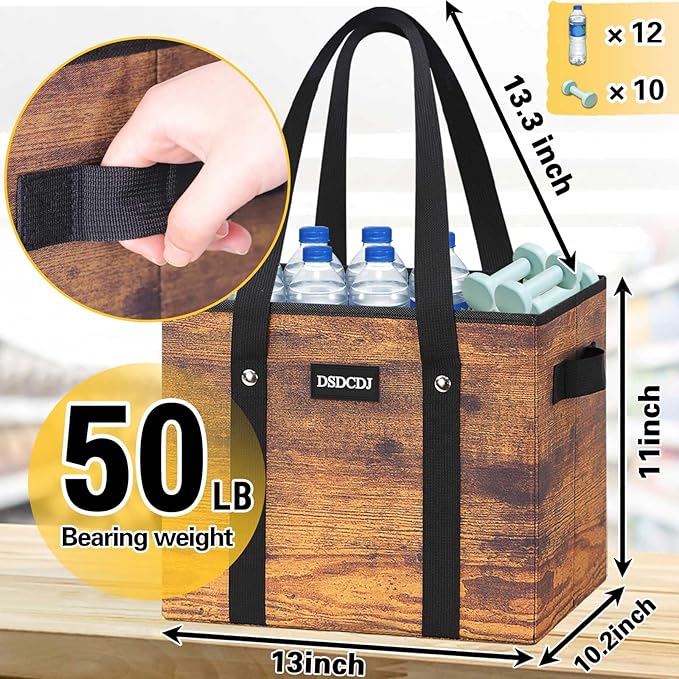 Reusable Grocery Bags - Heavy Duty Reusable Shopping Bags with Hard Bottom & Long Handles, Foldable Large Tote Bags with Box Shape to Stand Up - for Kitchen, Picnic, 3 Pack, Rustic Brown
