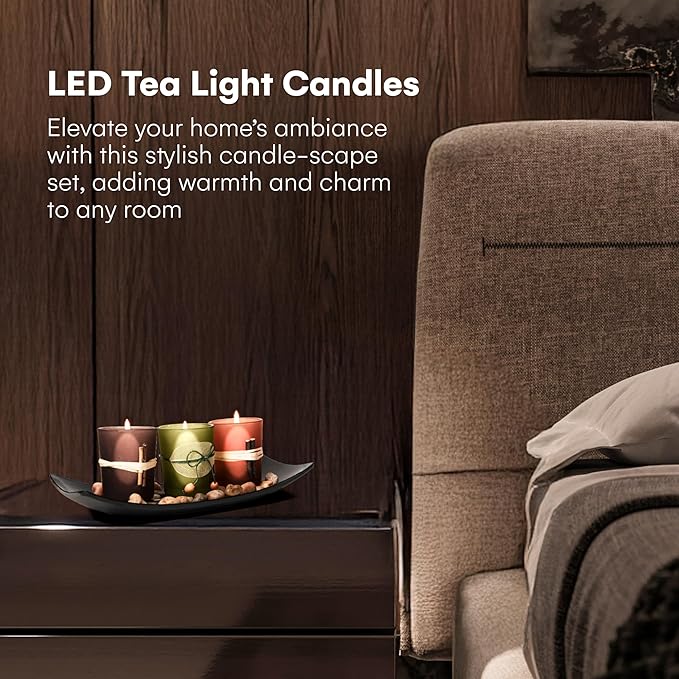 Dawhud Direct Decorative Votive Candle Holders, Vintage Decor Flameless Candlescape Set, 3 LED Tea Light Candles, Rocks and Tray - Fall Table Decor (Earth Tones)