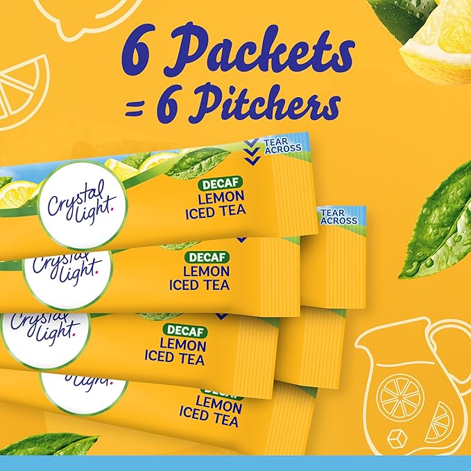 Crystal Light Decaf Lemon Iced Tea Naturally Flavored Powdered Drink Mix, 72 ct Pack, 12 Canisters of 6 Pitcher Packets