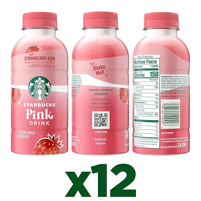 Starbucks Pink Drink, Strawberry Acai with Coconut Milk, 14oz Bottles (12 Pack)