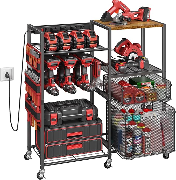 Large Power Tool Organizer Cart with Charging Station, 6 Slots for Cordless Drill Holder with Drawers, Rolling Storage Cart with 8 Power Outlet Heavy Duty Garage Organizer with Wheels Gift for Men
