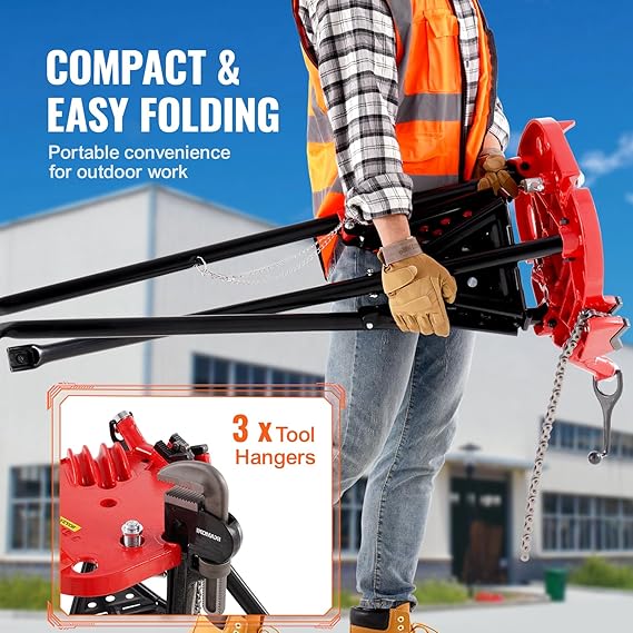 Mophorn 460-6 Tripod Pipe Chain Vise 1/8"-6" Capacity,Pipe Stand Portable Foldable Steel Legs,Pipe Jack Stands w/ Tool Tray, Tripod Stand Chain Vise Ideal for a Variety of Pipe Materials