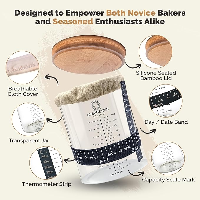 Sourdough Starter Jar Kit – 50 oz Fermentation Jar with Thermometer, Feeding Band, Lid & Tools – Ideal for Bread Starter Kits & Sourdough Accessories – Complements Banneton Set