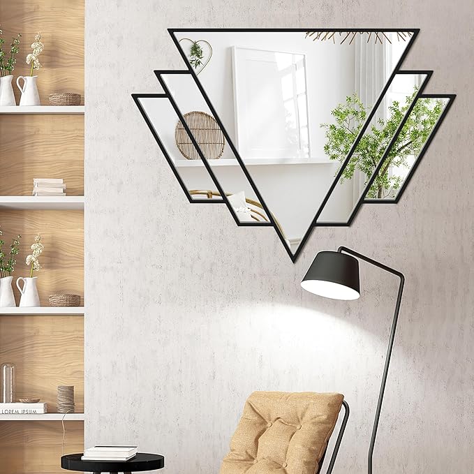 Black Triangle Decor Mirror,24x32Inch Farmhouse Wall Mirror,Modern Wall Mounted Mirrors,Metal Framed Vintage Ornate Art Mirror for Living Room Bedroom Fireplace Hallway