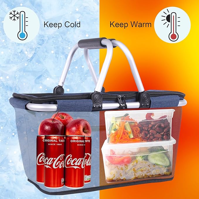 Picnic Basket, SIYUAN Collapsible Shopping Basket with Lid 27L Large Market Basket with Handles Reusable Folding Grocery Basket Insulated Cooler Bag for Picnic Travel, Blue