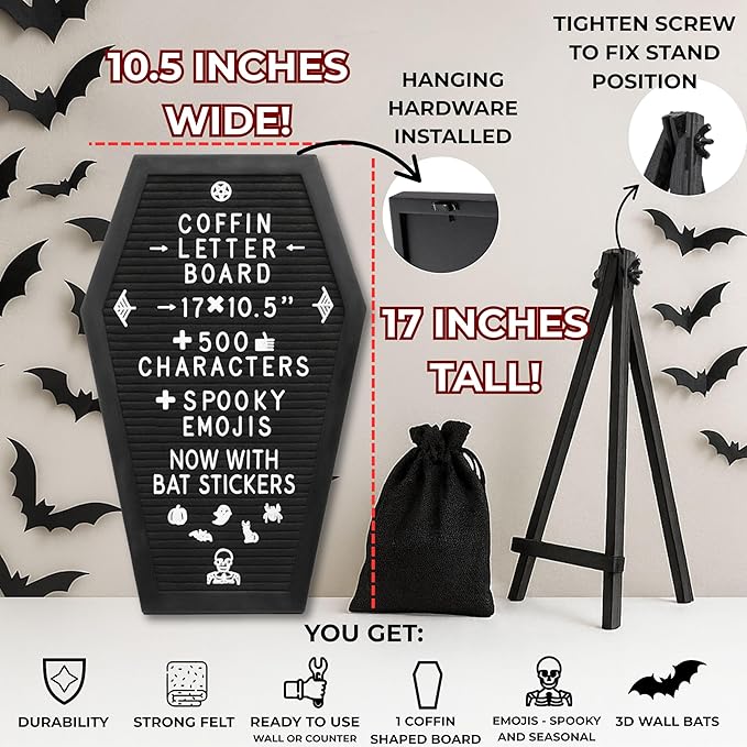 Coffin Letter Board Black +3D Bat Stickers +650 Characters, Spooky & Seasonal Emojis, Wooden Stand - 17x10.5 Inches - Coffin Shaped Goth Decor Sign Witchy Halloween Decorations Gothic Decor Birthday Wedding Home Spooky Gifts
