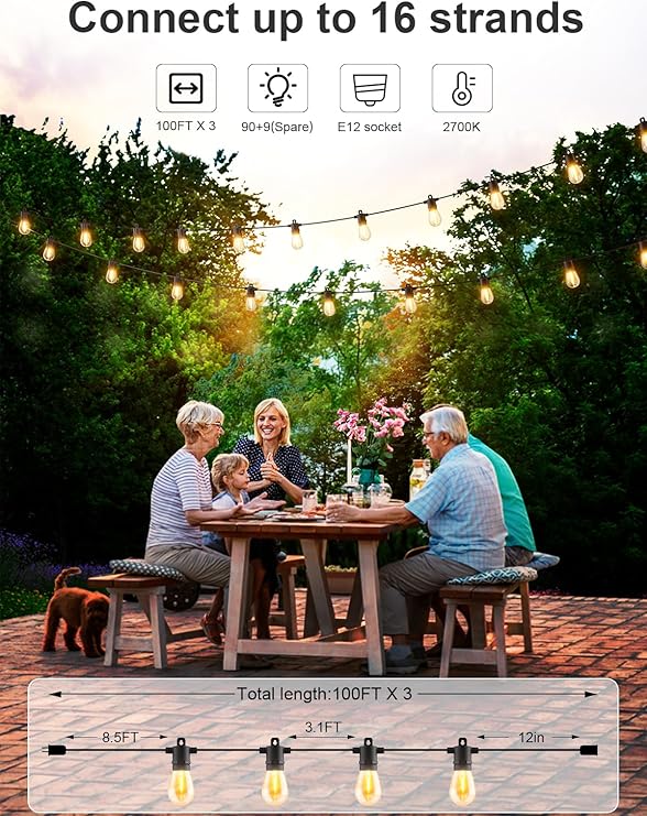 Svater Outdoor String Lights 300 FT, Patio Lights for Outside with Shatterproof Bulbs, Waterproof IP65 Commercial Hanging Light for Backyard Porch Balcony Bistro Party, 2700K