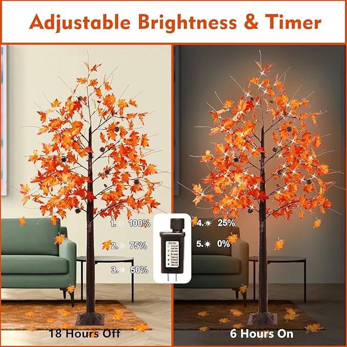 Fall Tree with Lights, 2 Pack 6FT Lighted Maple Tree, Prelit Artificial Tree Thanksgivng Decor, Dimmable Autumn Tree Lights, Lighted Fall Tree for Home Decor Harvest Halloween Decorations