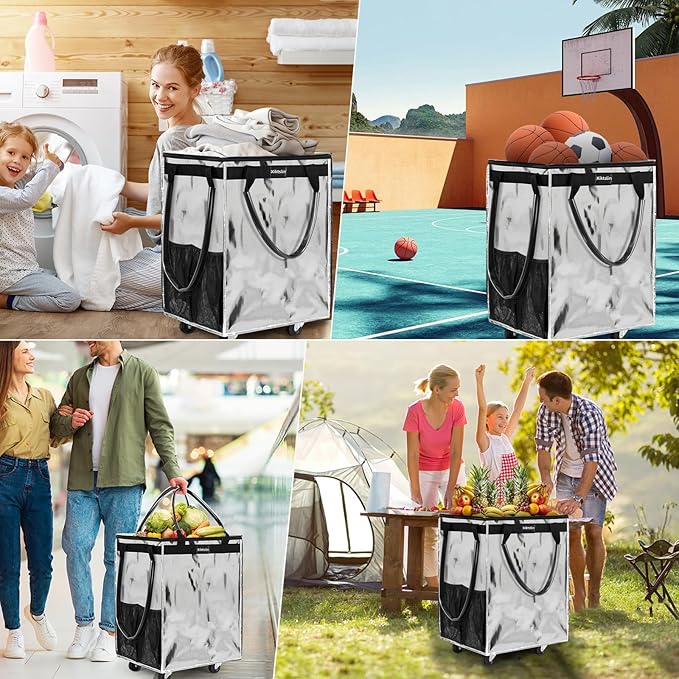 (Large,Silver) Reusable Grocery Bag on Wheels, Foldable Rolling Tote Carries Up to 76lb Shopping Trolley,Rolling Bag with Handles,Zipper Clouser Rolling Tote Bag with Wheels for Trips, Laundry