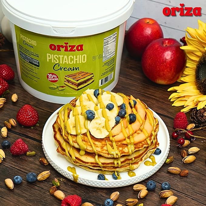 Oriza Pistachio Cream, 10lbs Pail (Pack of 2) – Premium Bakery Spread with 35% Pistachios, Palm Oil Free, Non-GMO – Ideal for Pastries, Gelato, Cakes & Dessert Filling