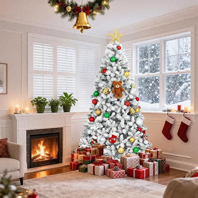 6ft Snow Flocked Artificial Christmas Tree with 760 Tips, Foldable Base, Hinged Branches, Flame-Resistant PVC for Home, Party Decoration