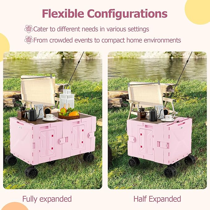 Goplus Large Foldable Utility Cart w/ 2-Tier Storage Crates, 5 Rotate Wheels, Metal Telescoping Handle, Portable Rolling Trolley Collapsible Cart for Grocery Shopping Camping & Travel (Pink)