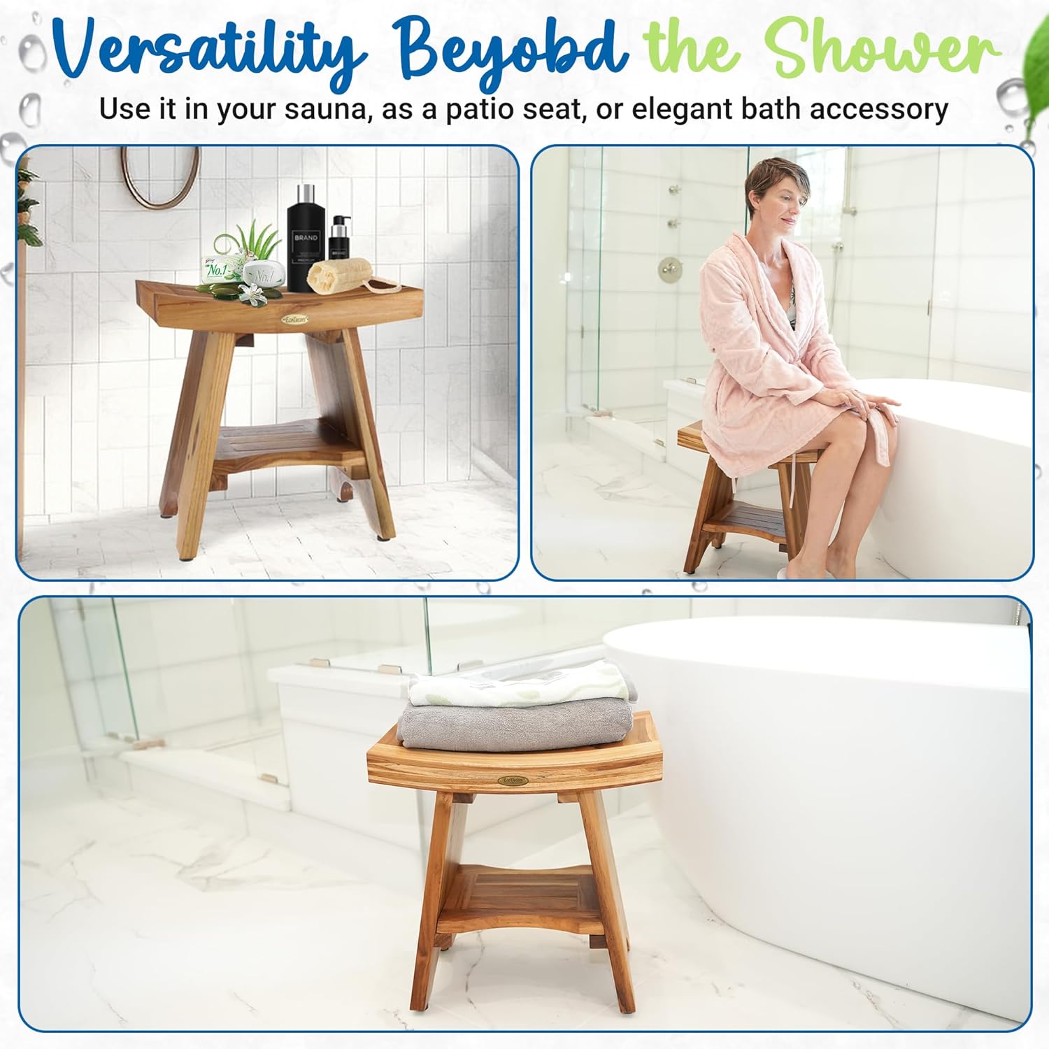 EcoDecors Teak Shower Bench 18", 300 lb Capacity – Waterproof Wood Bath Seat with Shelf, Spa Seating for Adults – Compact Fit for Small Bathrooms & Walk-in Showers – Slip-Resistant Feet