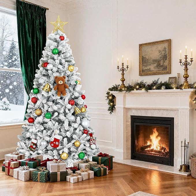 6ft Snow Flocked Artificial Christmas Tree with 760 Tips, Foldable Base, Hinged Branches, Flame-Resistant PVC for Home, Party Decoration