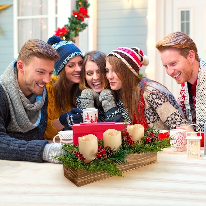 Christmas Candle Holder Centerpiece with 3 Flameless Candle, Pine Cones and Gold Red Berry Wood Table Centerpiece for Festival Home Christmas Decoration