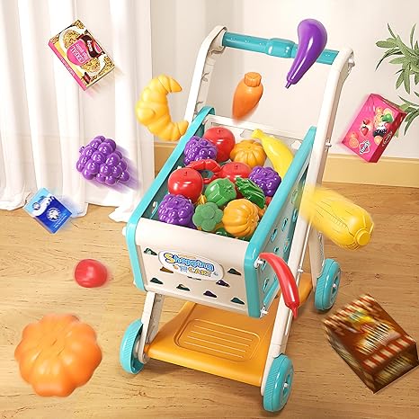 102pcs Kids Shopping Cart Trolley Play Set with Pretend Food and Accessories,Perfect for Ages 3+ Pretend Play and Role-Playing Games