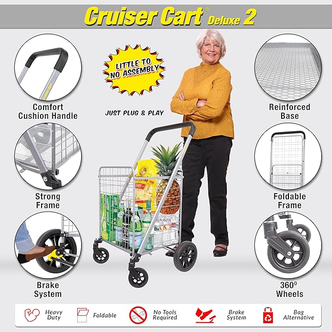 dbest products Cruiser Cart Deluxe 2 Shopping Grocery Rolling Folding Laundry Basket on Wheels Foldable Utility Trolley Compact Lightweight Collapsible, Silver