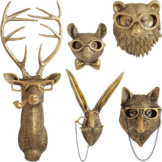 GUASDIE Animal Heads Wall Decor, Faux Deer Head Mount, Animal Sculptures Wall Decor, Resin Animal Head Wall Hanging Decoration for Living Room Bedroom Kitchen Gift,5pcs, 1587574779-65291236