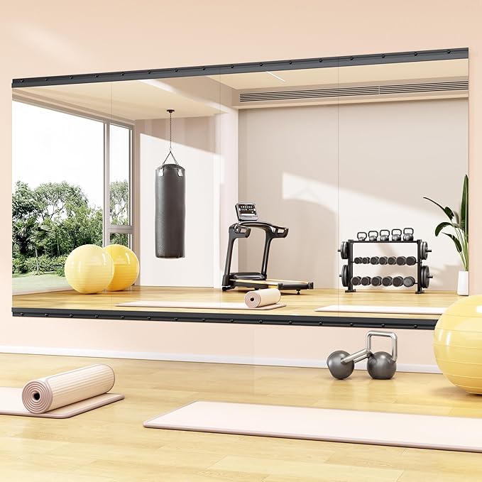 Hasipu 4 Pcs 48''x24'' Home Gym Mirror Large Full Length Wall Mounted Full Body Mirror for Yoga Dance Fitness Exercise Studio Bedroom Garage, Frameless Tempered Glass Workout Mirrors Black Rectangular