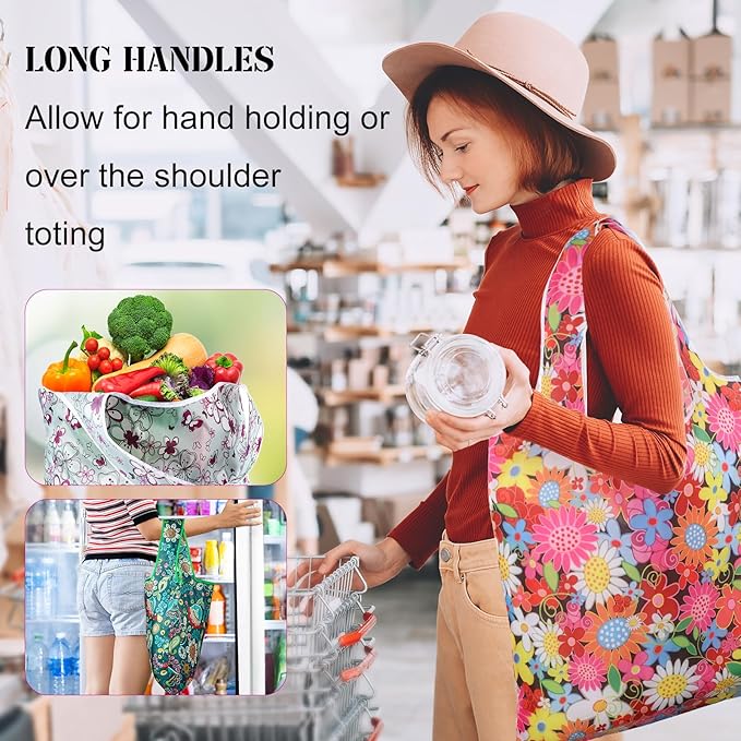 Eccliy 24 Pieces Reusable Grocery Bags Polyester Shopping Bags for Groceries Multi Colors Reusable Foldable Shopping Tote(Flower Style)