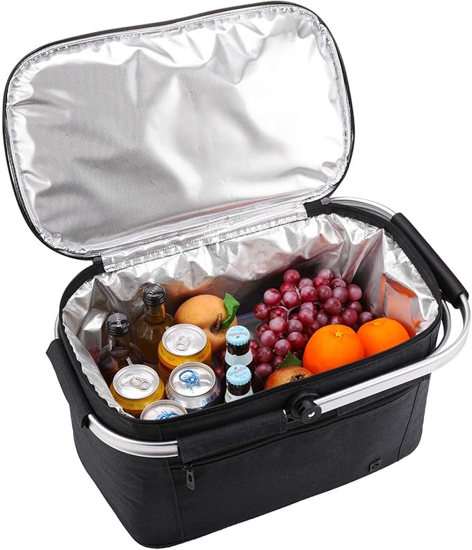 ALLCAMP Picnic Basket - 32L Insulated Cooler, Thickening Foldable Picnic Basket with Removable Baskets & Sewn-in Frame, Basket for House Warming Gifts New Home(Jet Black)