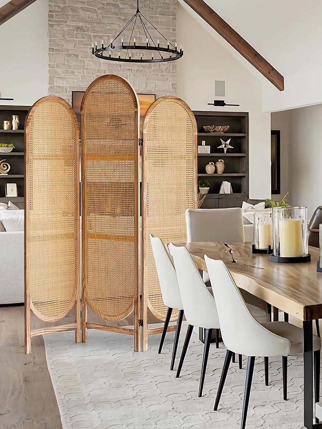 3 Panel Room Dividers and Folding Privacy Screens, Hand-Made Rattan Room Divider with Bi-Directional Hinge, Pre-Assembled Wood Privacy Dividers for Home Office Bedroom, Hotel Decorations