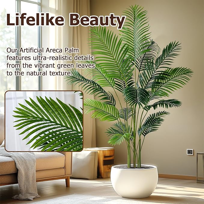 6.6FT Artificial Areca Palm Tree-Lifelike Palm Plant,Faux Tropical Areca Floor Plant Tall Faux Silk Large Artificial Plants for Indoor Home Living Room Corner Decor（No Planter）