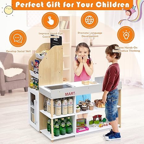 INFANS Kids Wooden Grocery Store Playset, Supermarket Toy Set with Cash Register Stand, Shopping Cart, Blackboard, Wooden Coins, Grocery Store Marketplace Pretend Play for Toddlers