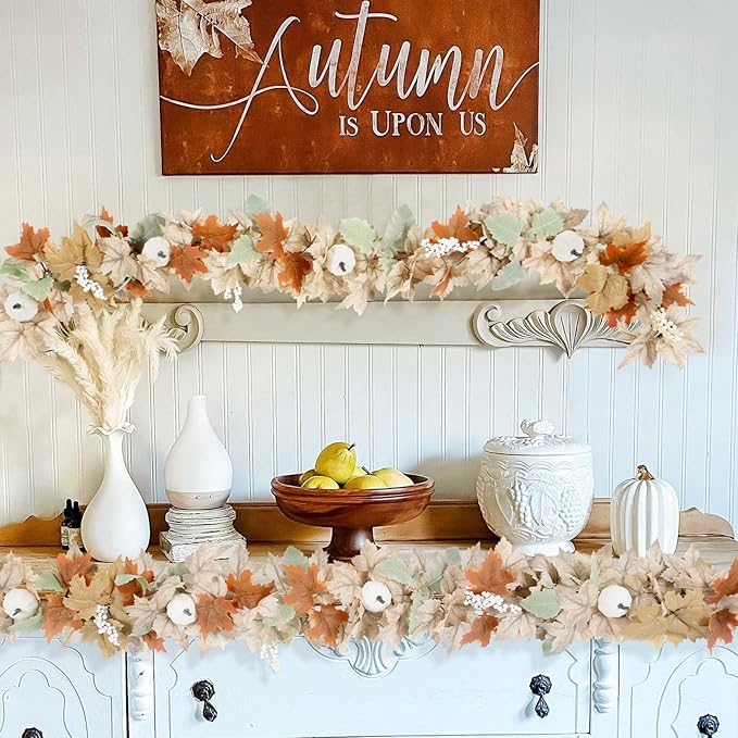 Neutral Fall Garland for Mantle Fireplace - 2 Pack 6Ft Outdoor Autumn Leaves Decor for Home Front Door with Pumpkins Indoor Maple for Farmhouse Table Stairs Porch Halloween Thanksgiving Decorations