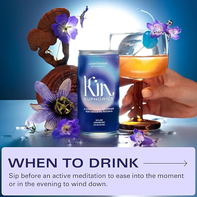 Kin Euphorics Lightwave Non-Alcoholic Functional Beverage | Calm the Mind & Mellow the Mood | Adaptogens, Nootropics, Reishi Mushroom & L-Theanine | 8 Fl Oz (16pk)
