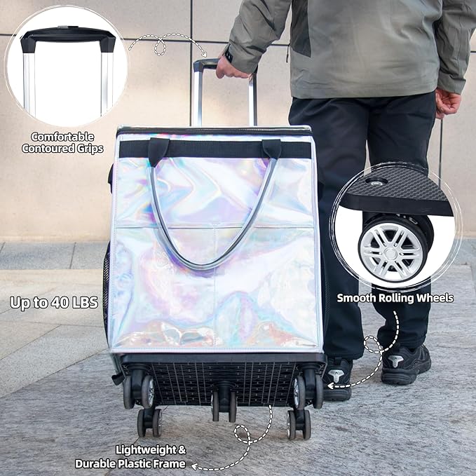 Reusable Grocery Bags on Wheels, Rolling Tote, Portable Shopping Cart for Groceries with Wheels and Drawstring Bag, Trolley, 54L, Foldable, Phantom White