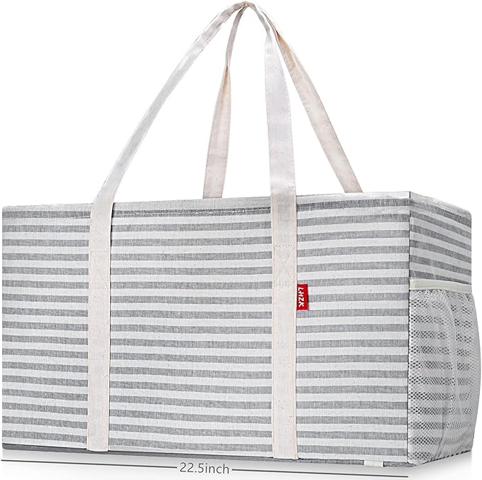 LHZK Standing Extra Large Utility Tote Bag with Metal Wire Frame and the Sides Rinforced, Extra Large Tote Bag with Handle, Reusable Grocery Bags Foldable, Beach Bag, Car Tote (Gray)