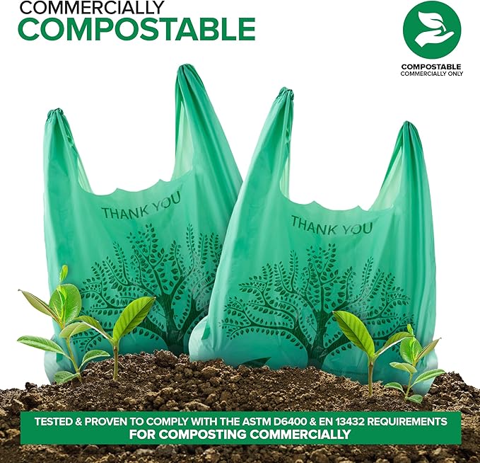 200 Pack Thank You Bags Disposable Eco Grocery T-Shirt Bag with Handles for Supermarket, Groceries, Produce, Shopping, Trash, Small Commercially Compostable Baggies Bulk