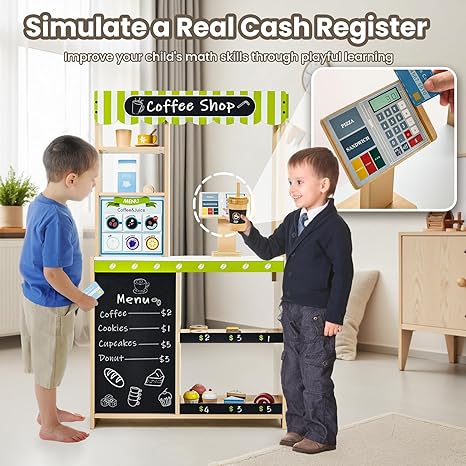 24 Pcs Pretend Play Coffee Shop, Kids Grocery Store Set, Wooden Drive-Thru Window, Coffee Maker, Oven, Cash Register, Bakery Toys Food Accessories Gift for Boys Girls 3+ Years Old