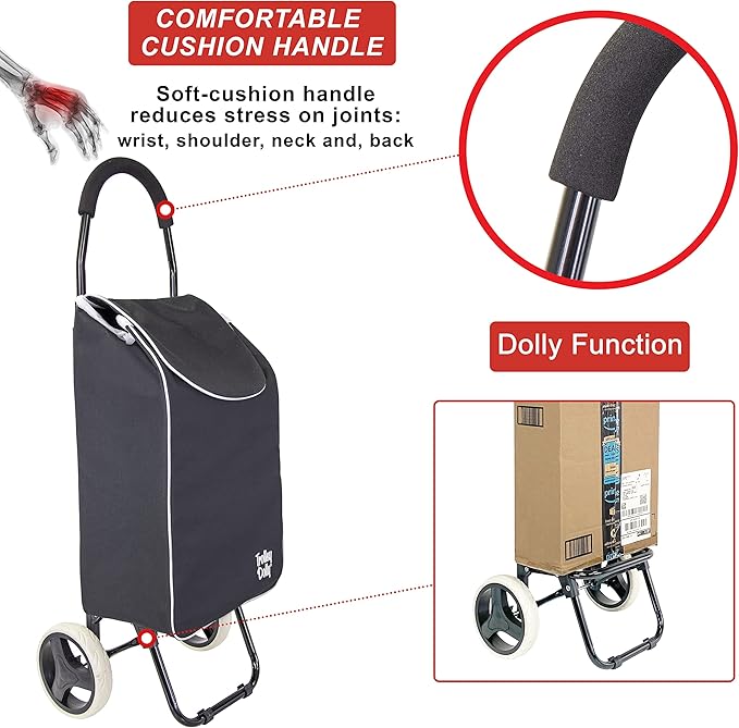 dbest products Trolley Dolly Sport – Foldable Grocery Cart on Wheels – Multi Use Rolling Cart with Removable Bag and Hand Truck Dolly Function, Black