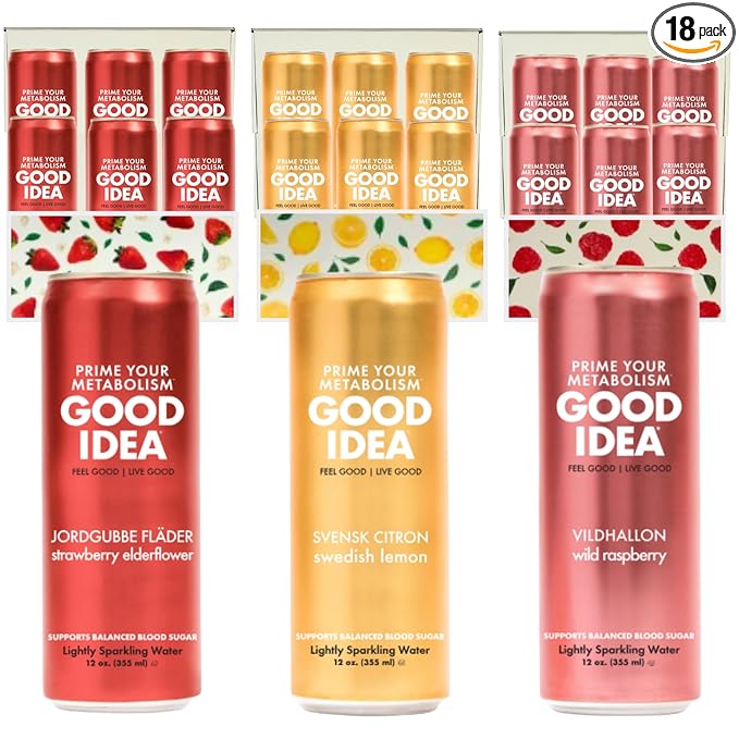 GOOD IDEA Sparkling Water – Supports Metabolism, Balances Blood Sugar, Boosts GLP-1 Naturally – Science-Backed Functional Beverage – No Caffeine, No Sugar – Swedish Signature Variety Pack (18 Cans, 3 Flavors, 12 oz)
