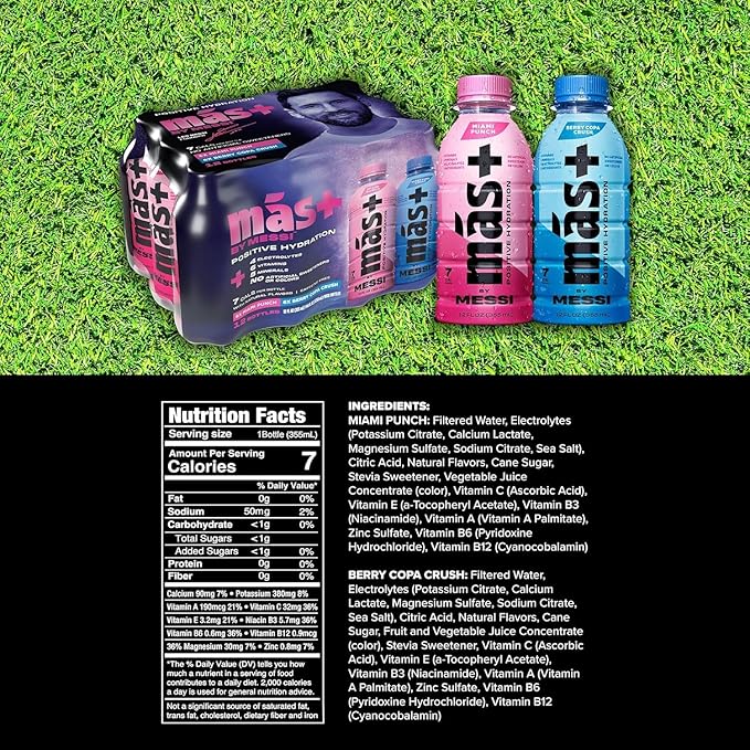 Más+ By Messi 12oz Miami Punch & Berry Copa Crush Multi Pack Sports Drink & Hydration Beverage, Natural Flavors with Vitamins and Electrolytes, No Artificial Sweeteners or Colors, 12-pack