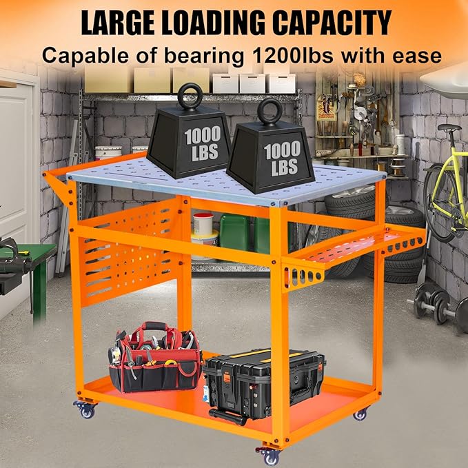 Welding Table: 35"x24" Welding Workbench with 2000LB Load Capacity, Lockable Casters with Brakes, Tool Tray, Tool Slots & 4/5" Fixture Holes