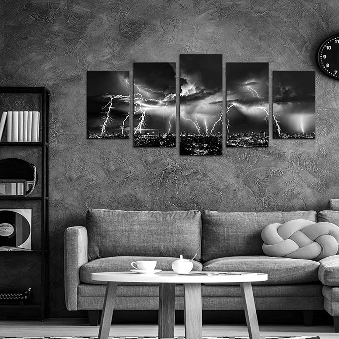 Biuteawal - Black and White Wall Art Nature Lightning Strikes in The Clouds Painting on Canvas Storm and City Night View Picture Print for Home Office Living Room Decoration Wall Decor