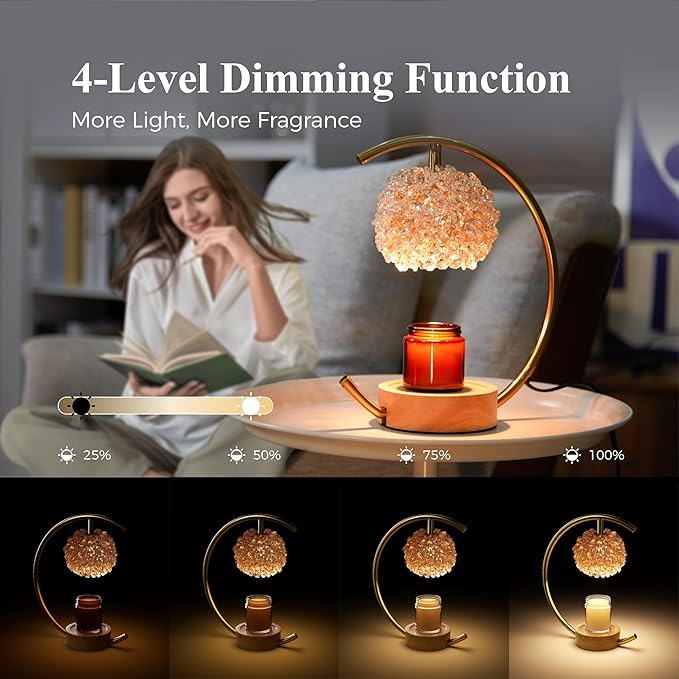 Gold Candle Warmer Lamp for Jar Candles with Adjustable Brightness＆Timer，Handcrafted Crystal＆Wooden Base, Luxurious Design,Home Decoration Electric Candle lamp(C-Shaped)