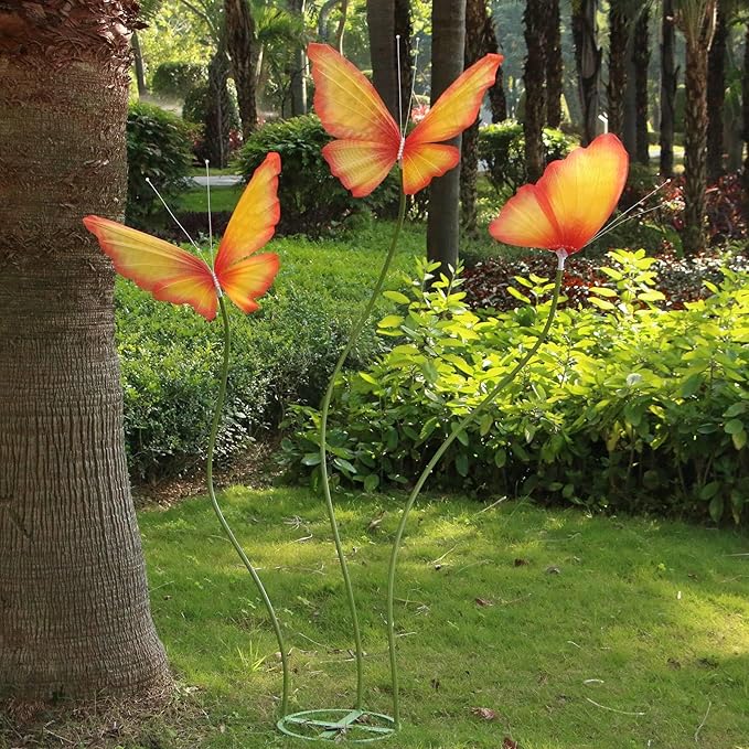3Pcs Large Silk Butterfly Decorations,Big Butterfly Decoration with Standing Base,Mariposas Grandes Para Decoracion for Wedding Birthday Party Decor Ideal for Home and Event Decorations(Red Yellow)