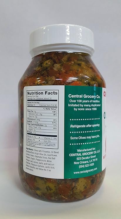 Central Grocery Olive Salad - 32 oz (Pack of 1) Perfect for Muffulettas, Sandwiches, Pizza Toppings, Pastas, Hot Dog Topper, Salads and More
