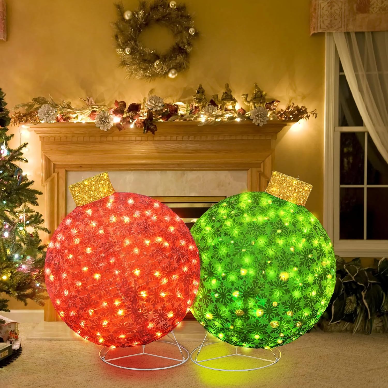 Lamerge Christmas Lanterns Decorations for Home, Indoor Outdoor Holiday Lanter, Warm Lit Farmhouse Lantern for Porch, Yard, Mantle, Party,30.5inch（Red+Green）