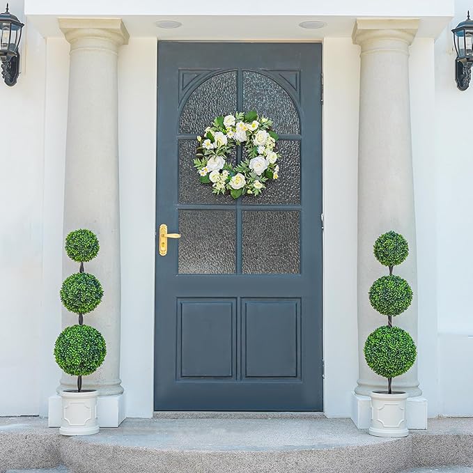 3FT Artificial Triple Ball Topiary Trees with Roman Style Vintage White Planter Pot, Outdoor Indoor Realistic Faux Shrubs Plants, Fake Trees for Home Offices Porch Decor, Set of 2