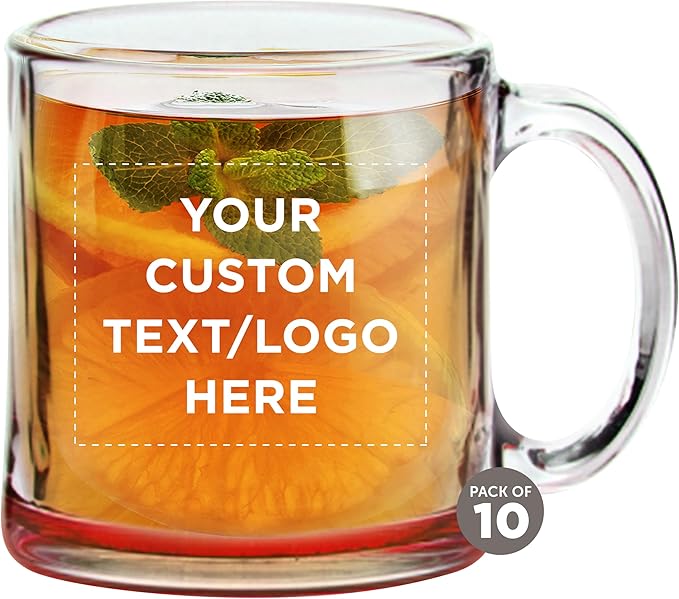 Custom Libbey Clear Glass Coffee Mugs 13 oz. Set of 10, Personalized Bulk Pack - Perfect for Coffee, Tea, Espresso, Hot Cocoa, Other Beverages - Red Bottom